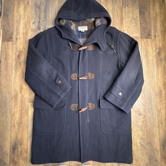 Vintage LL Bean Duffle Toggle Wool Coat Men's Large Blue Plaid Lined Thinsulate